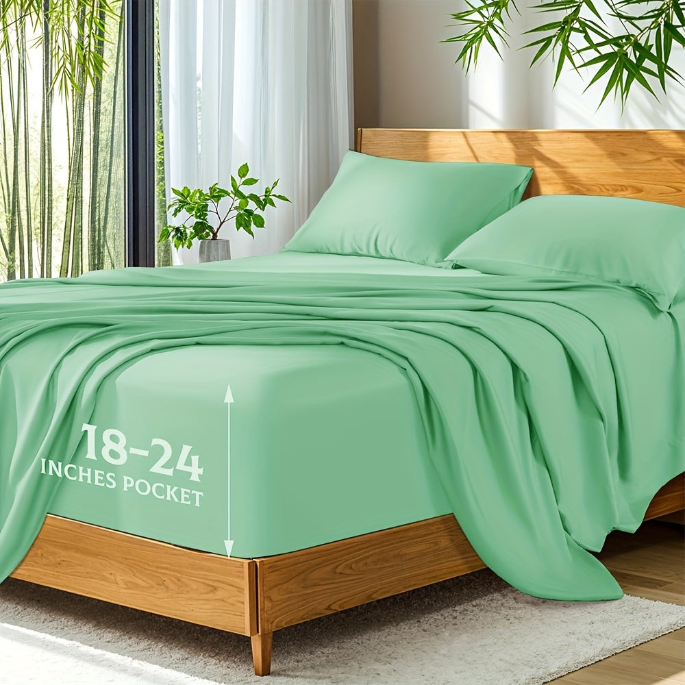 4pcs Bamboo Bed Sheet Set, 2200 TC Cooling Fabric, Bamboo Fitted Sheet Set, Extra 18"-24" Deep Pocket, Cooling & Breathable with Smooth Feel, Queen Size Sheets Ultra Soft for Hot Sleepers, Shrink, Fade Wrinkle Resistant, Hotel Quality Bamboo Sheets