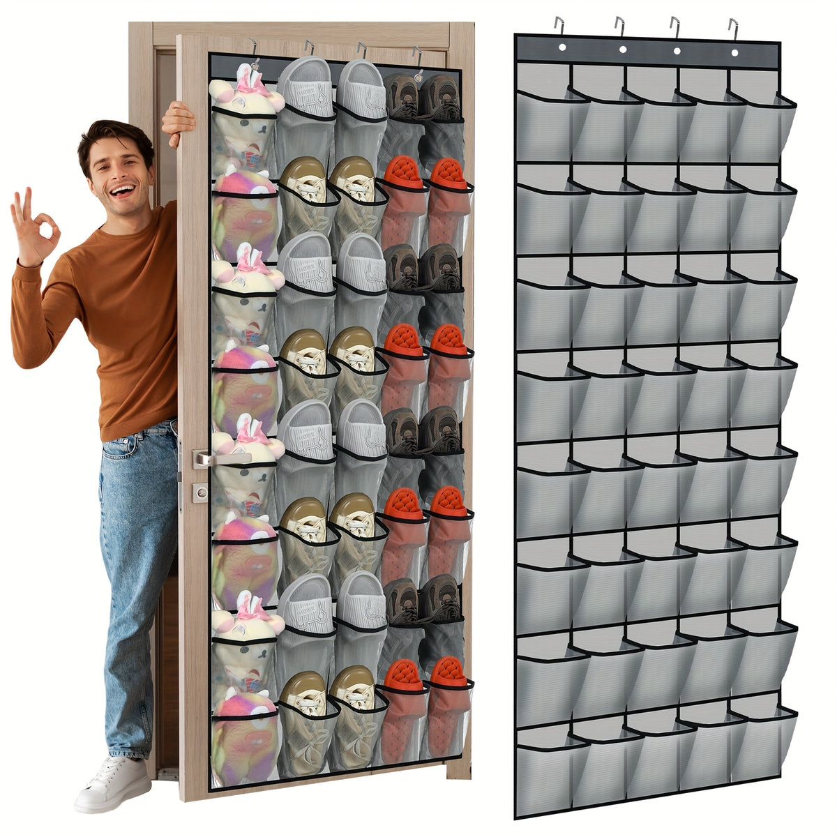 40 Pocket Door Hanging Organizer with Slip Hooks - Heavy Duty Fabric Mesh Storage Locker for Shoes, Cruise Ship Essentials, Doors and Utility Room Organizations - Space-saving Door/ Wall Hanging Organizer with 40 Clusters, Durable and Easy