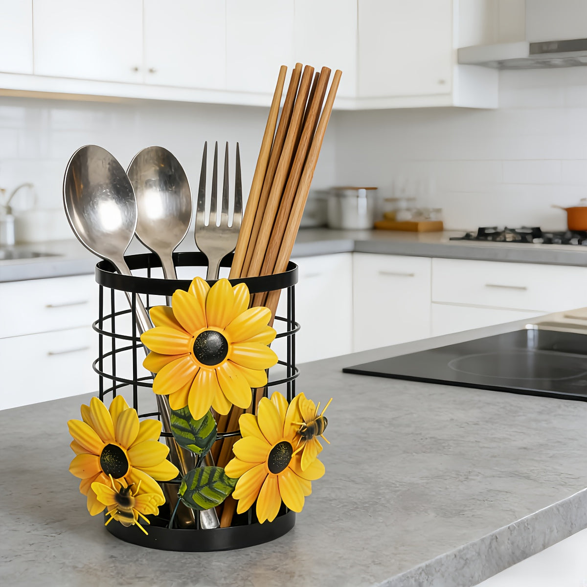 Sunflower Flatware Storage Basket - Open Kitchen Countertop Organizer, Home Storage & Decor, Housewarming Gift Must-Have, Stylish & Functional Present