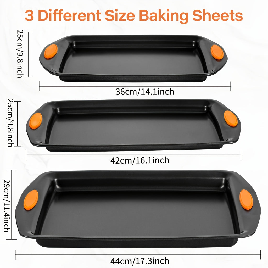 2/3/6/12/23pcs Non-Stick Baking Sheet Set, Assorted Size Cookie Trays with Orange & Blue Silicone Handles, in Gray, Black & Golden, Stackable Bakeware for Baking & Roasting