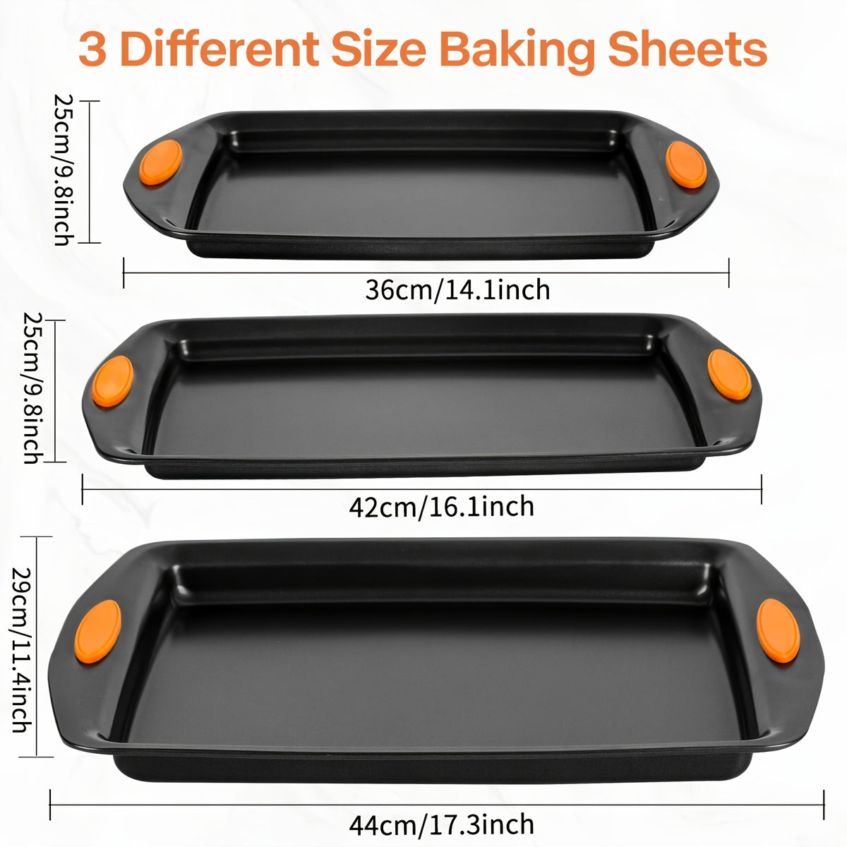 2/3/6/12/23pcs Non-Stick Baking Sheet Set, Assorted Size Cookie Trays with Orange & Blue Silicone Handles, in Gray, Black & Golden, Stackable Bakeware for Baking & Roasting