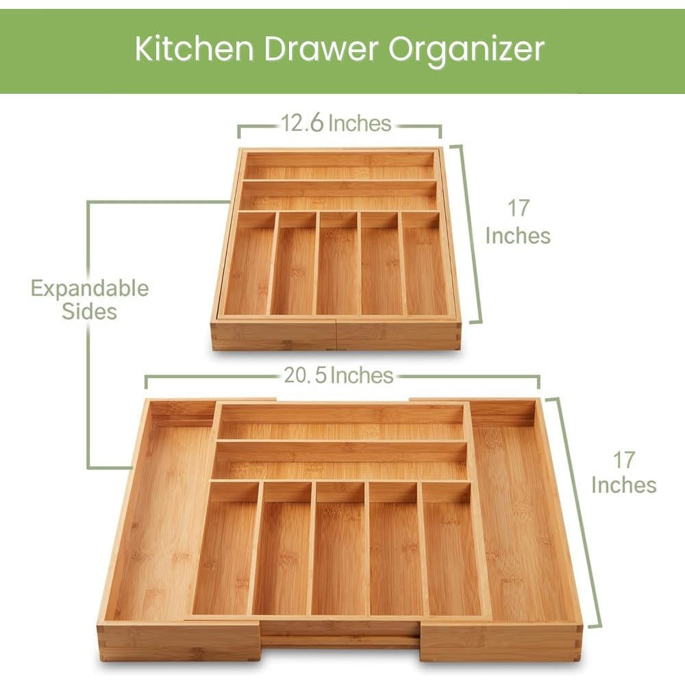 Expandable Bamboo Drawer Organizer - Adjustable Silverware Tray, Cutlery And Utensil Holder for Kitchen Drawer, Multi-Use Storage Tray for Office, Home