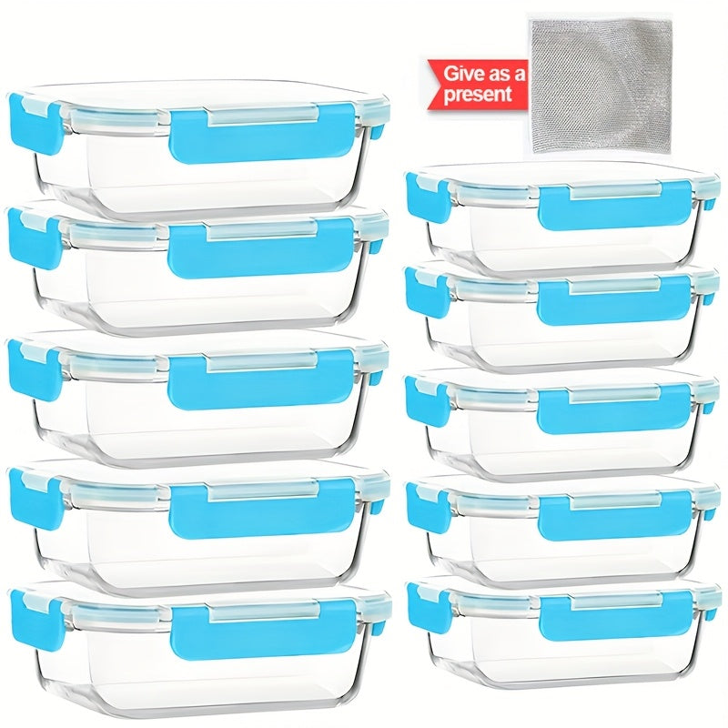 Glass Meal Prep Storage Containers, Set of 10 with Airtight Locking Lids for Work Lunches, Leftovers, Refrigerator and Pantry Organization