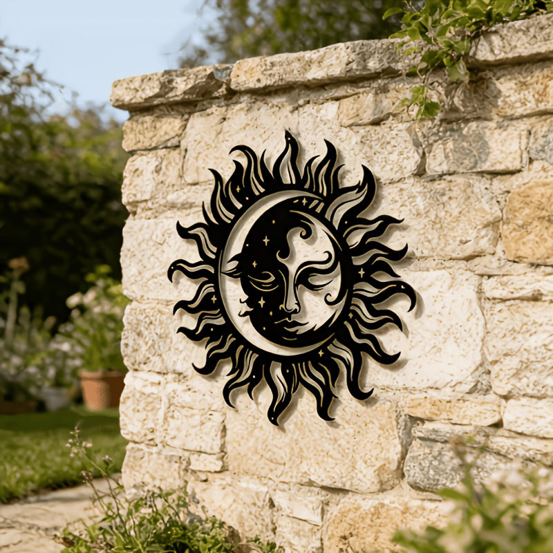 1pc Of Elegant Black Sun And Moon Metal Wall Art- Intricate Iron Design With Mystical Symbols, Perfect For Home, Office Or Outdoor Garden Decoration, Ideal Housewarming Gift, 15.7inch X 7inch Cm, Outdoor Decoration