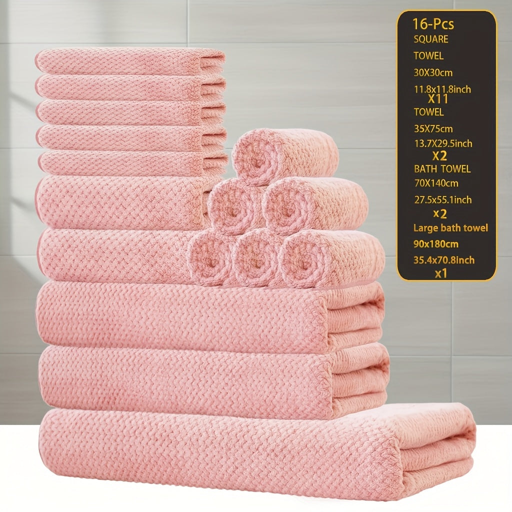 16pcs Coral Velvet Towel Bath Towel Set, 1 Oversized Bath Towel, 2 Bath Towels, 2 Hand Towels, 11 Square Towels, Suitable for Hotels, Home, Travel, Spa
