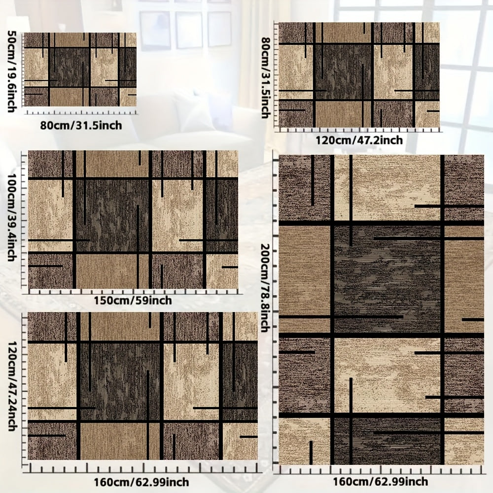 Luxury Velvet Area Mat - Premium Machine Washable, Fade-Resistant Polyester Mat for Living Room, Bedroom, Office, And Outdoor Decor - Rectangle, Lightweight, And Easy to Clean - 850 GSM, Beige And Brown Geometric Pattern, Comfortable Bedroom Mat