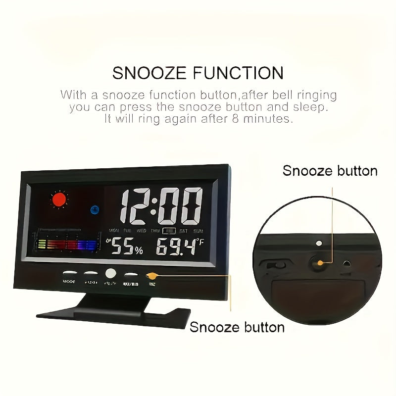 Two Intelligent Weather Stations with Digital Alarms That Monitor Indoor And Outdoor Temperature And Humidity. They Feature a Usb-Powered Desktop Clock with Delay, Adjustable LED Brightness, Automatic Dimming, And a 12/24-Hour Format