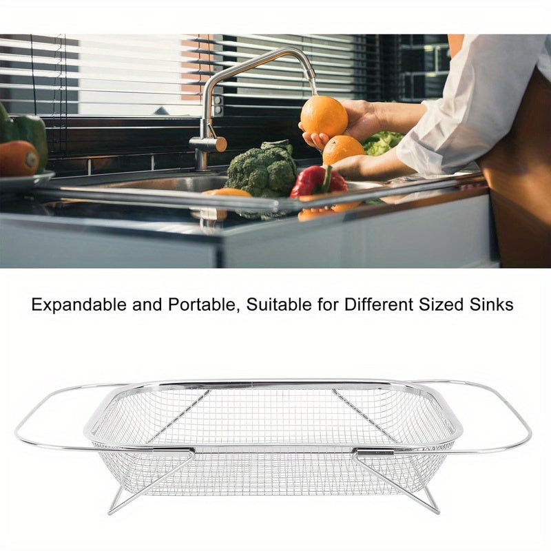 Telescopic Sink Colander, 201 Stainless Steel Adjustable Draining Basket, 13.39 x 9.45 Inch Listed Size for Washing Fruits and Vegetables in Home Kitchens