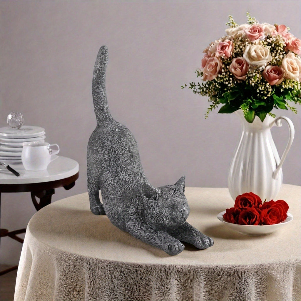 Yoga Cat Statue in Grey Resin, Hand-Painted Stretching Cat Figurine for Home, Office and Garden Decor, Decorative Sculpture Gift for Cat Lovers