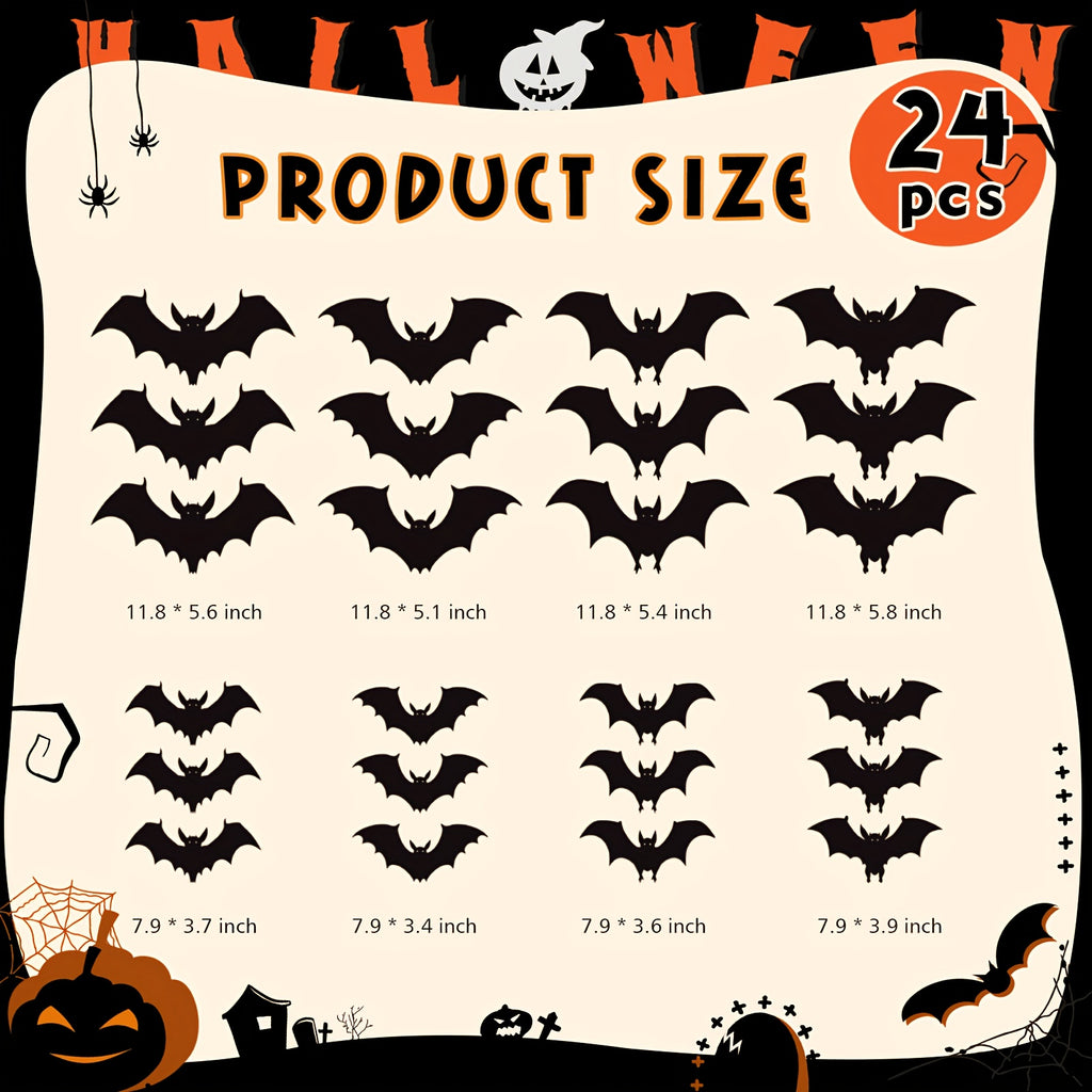 24 Packs Halloween Bats Decorations Wall Stickers with Glow in The Dark Eyes, 4 Different Styles Removable PVC Wall Bat Stickers for Indoor Outdoor Home Window Garage Decor Party Supplies