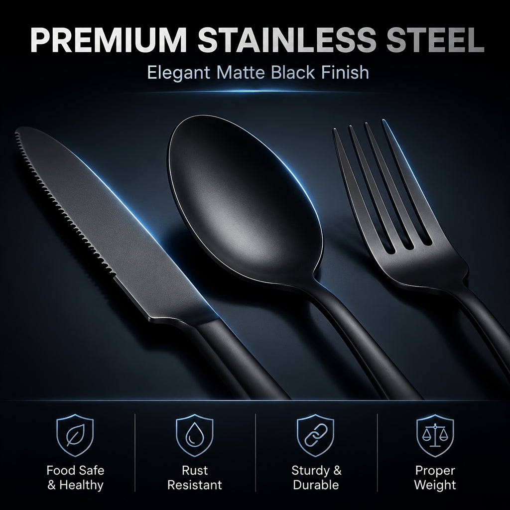 48pcs Black Silverware Set with Steak Knives Service for 8, Stainless Steel Flatware Set, Mirror Polished Kitchen Additions, Home Kitchen Party Eating Tableware Set, Includes Fork Knife Spoon Set, Dishwasher Safe