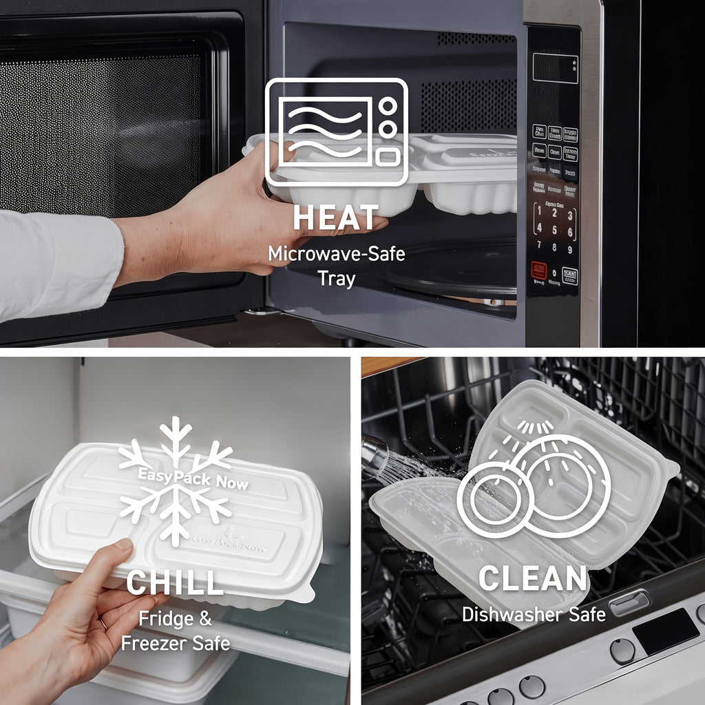 50-Pack 4-Compartment White Clamshell Meal Prep Containers, Disposable Bento Box, Food Storage Container, Bpa-Free, Stackable, Portion Control, Freezer/Microwave Safe, Great for Labor Day, Picnics, Parties & Outdoor Events, Local Warehouse