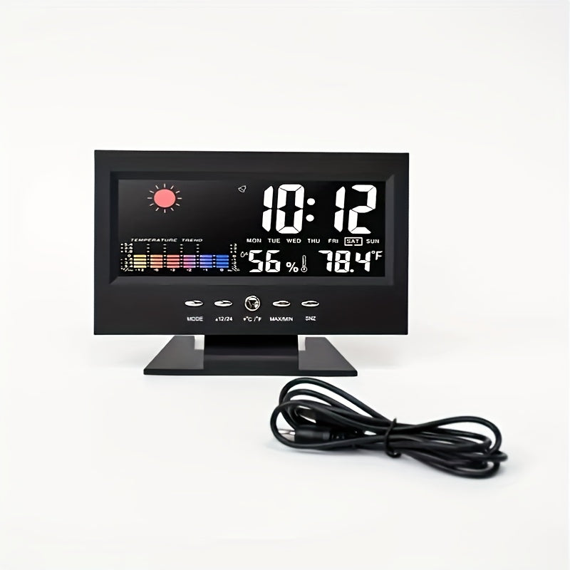 Two Intelligent Weather Stations with Digital Alarms That Monitor Indoor And Outdoor Temperature And Humidity. They Feature a Usb-Powered Desktop Clock with Delay, Adjustable LED Brightness, Automatic Dimming, And a 12/24-Hour Format