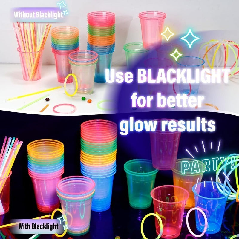 100pcs Plastic for Neon Cups, 12/16Oz Disposable Glowing Cups for Neon Party Decorations, Colorful Glow-In-The-Dark Suitable for Carnival Parties, Christmas, Thanksgiving, Halloween Holidays