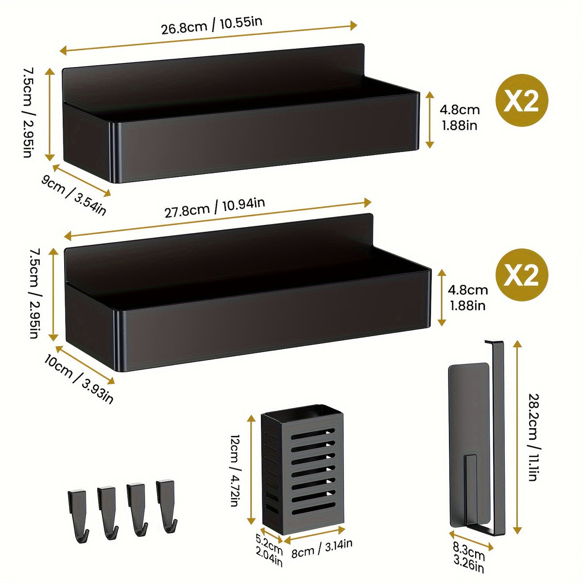 Magnetic Fridge Organizer Set, 5 or 6 Piece No-Drill Refrigerator Spice Storage with Four Hooks and Square Box or Paper Towel Holder Options for Kitchens