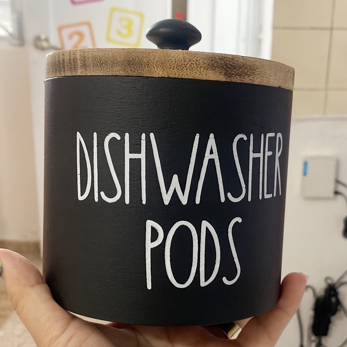 1pc Bohemian Black and White Wooden Dishwasher Laundry Ball Rack - Space Saving Round Storage Container for Kitchen and Bathroom, Multi-Purpose Laundry Ball, Detergent and Laundry Supply Organizer, Ideal Farmhouse Decor Gift, Storage Boxes