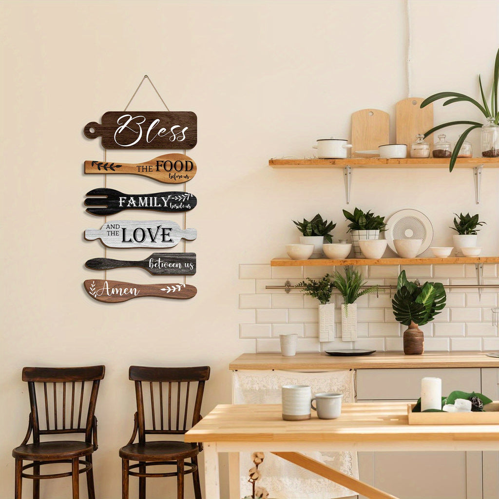 6 Pieces Bless The Food Before Us Farmhouse Kitchen Wall Decor Wood Board Set - Dining Room Decor Hanging Wall Art, Simple Rustic Style - Wood Rope Plaque Sign