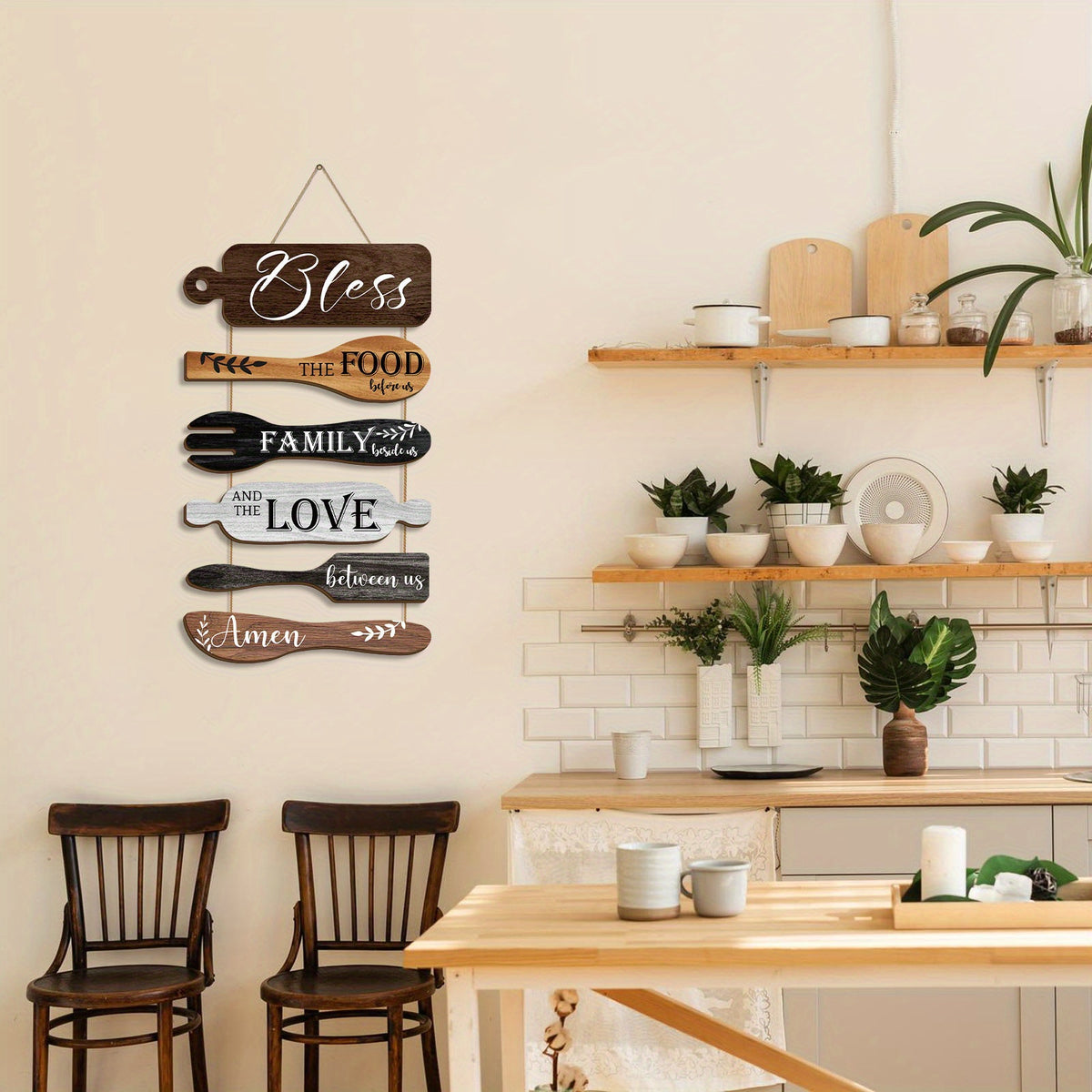 6 Pieces Bless The Food Before Us Farmhouse Kitchen Wall Decor Wood Board Set - Dining Room Decor Hanging Wall Art, Simple Rustic Style - Wood Rope Plaque Sign
