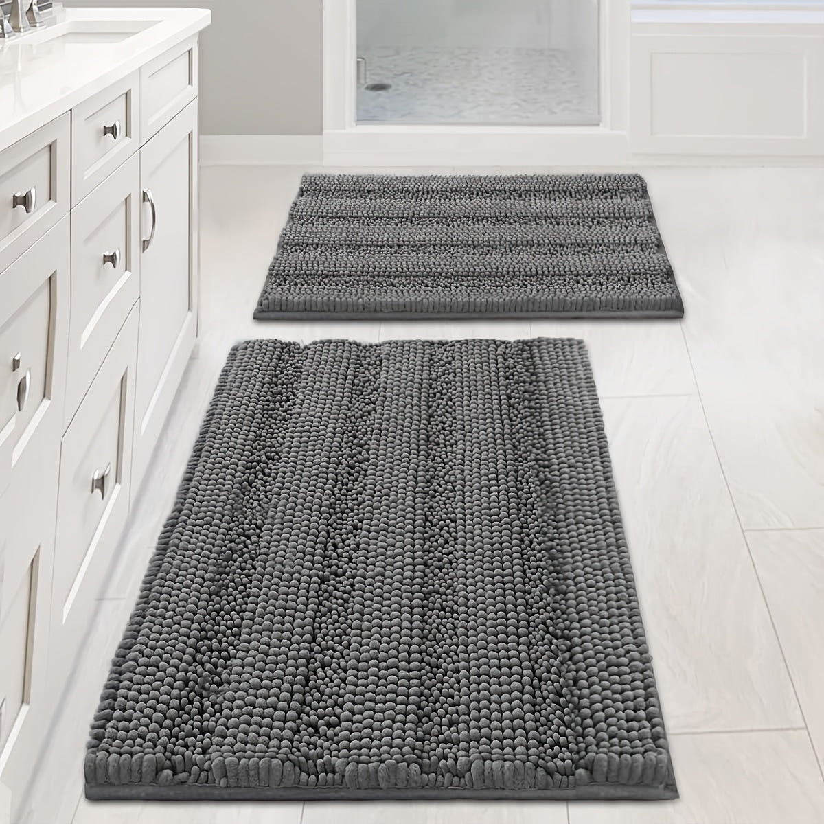 AIERJIA Bathroom Rugs, Set of 2 Thick Chenille Striped Shaggy Bath Mats for The Bathroom, Non-Slip Mats for Bathroom Flooring (32 X 20 And 24 X 17 Inches)