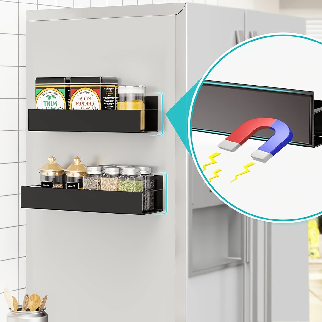Magnetic Refrigerator Spice Rack, 2 or 4 Piece No-Drill Storage Organizer in Black or White for Kitchen Essentials and Compatible Appliance Surfaces