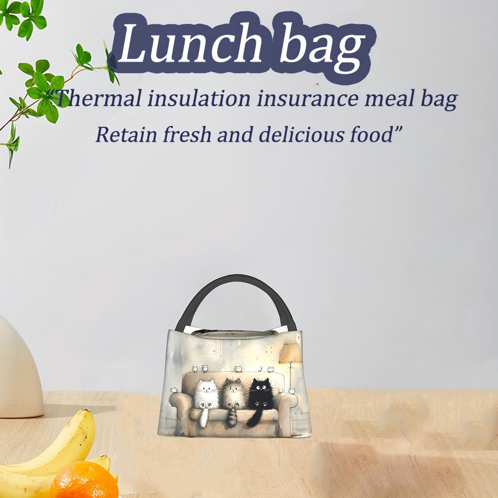 Adorable Feline Design Insulated Lunch Tote - Rectangular Polyester Bag Featuring an Animal Motif, Easy to Clean by Hand, Portable And Reusable Cooler Suitable for Picnics, Beach Outings, Hiking, Work (non-food contact)