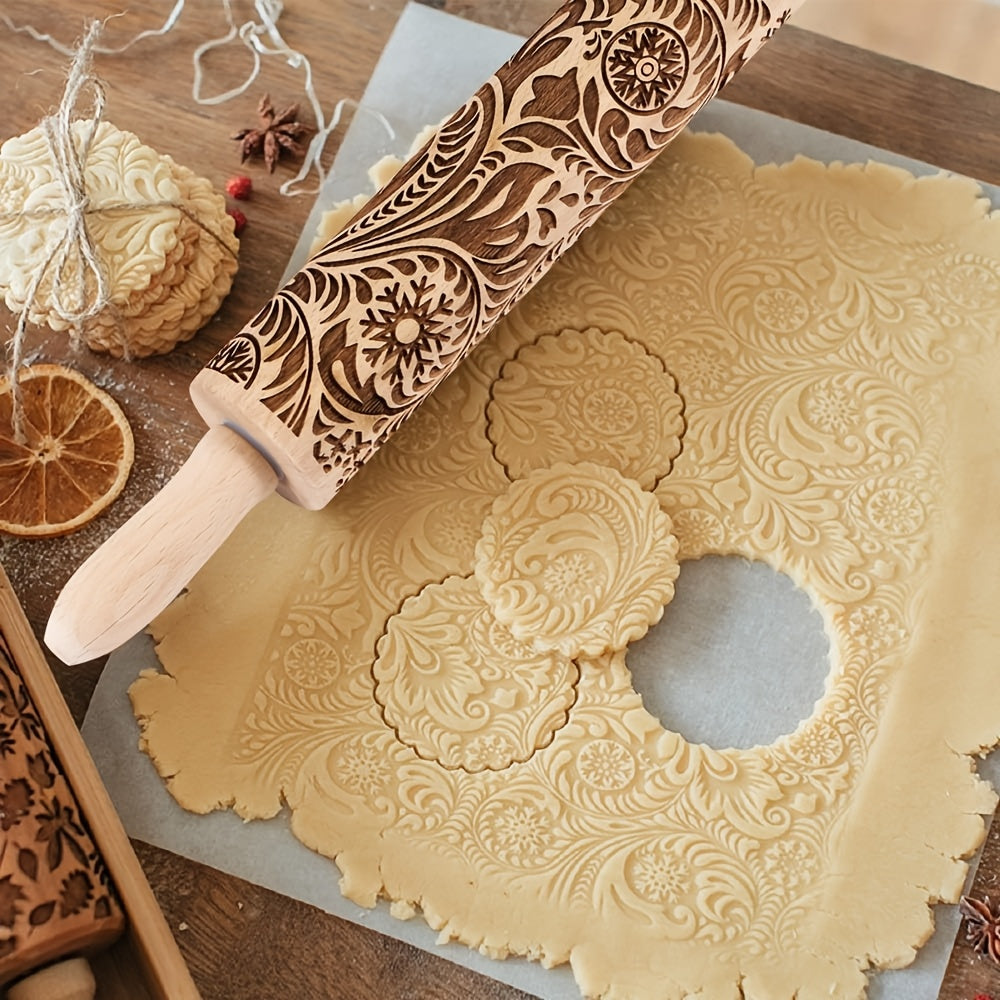 1pc Wooden Rolling Pin with Christmas Snowflake Pattern - Engraved Embossed Cookie Cutters, Ideal for Baking and Kitchen Decor, Perfect Gift for Birthdays, Holidays, and Moving, Festive Kitchen Tool|Decorative Rolling Pin|Durable Rolling Pin