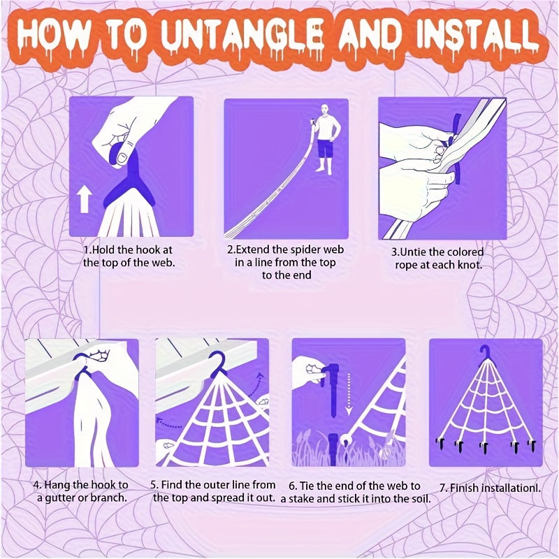 16ft Giant Spider Web LED Lights - 250 Purple 8 Lighting Modes, Outdoor Halloween Decorations, No Power Required, Easy To Hang, Suitable For Scary Holiday Displays, Halloween Decorations