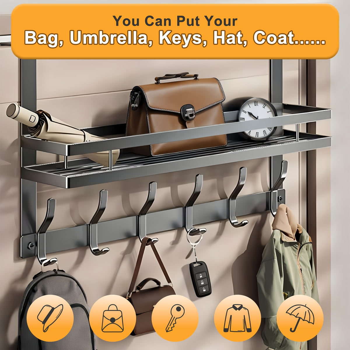 1pc Door Storage Rack with Hooks - Easy Install.Metal Construction.Multifunctional Metal Hook, Durable And Space-Saving for Bedroom, Bathroom, Or Entryway - Perfect for Clothes, Bags, Keys, And More.