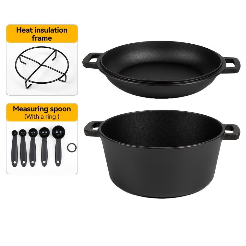 7QT Hand-built 2-in-1 Cast Iron Cookware Set (5.1QT Dutch Oven + 1.9QT Skillet) Dual-Purpose Holiday Cooking Kit For Stove, Induction, Oven, Campfire, With 2 Handles Outdoor BBQ &Indoor Make Sourdough Bread, Frying, Baking, Camping