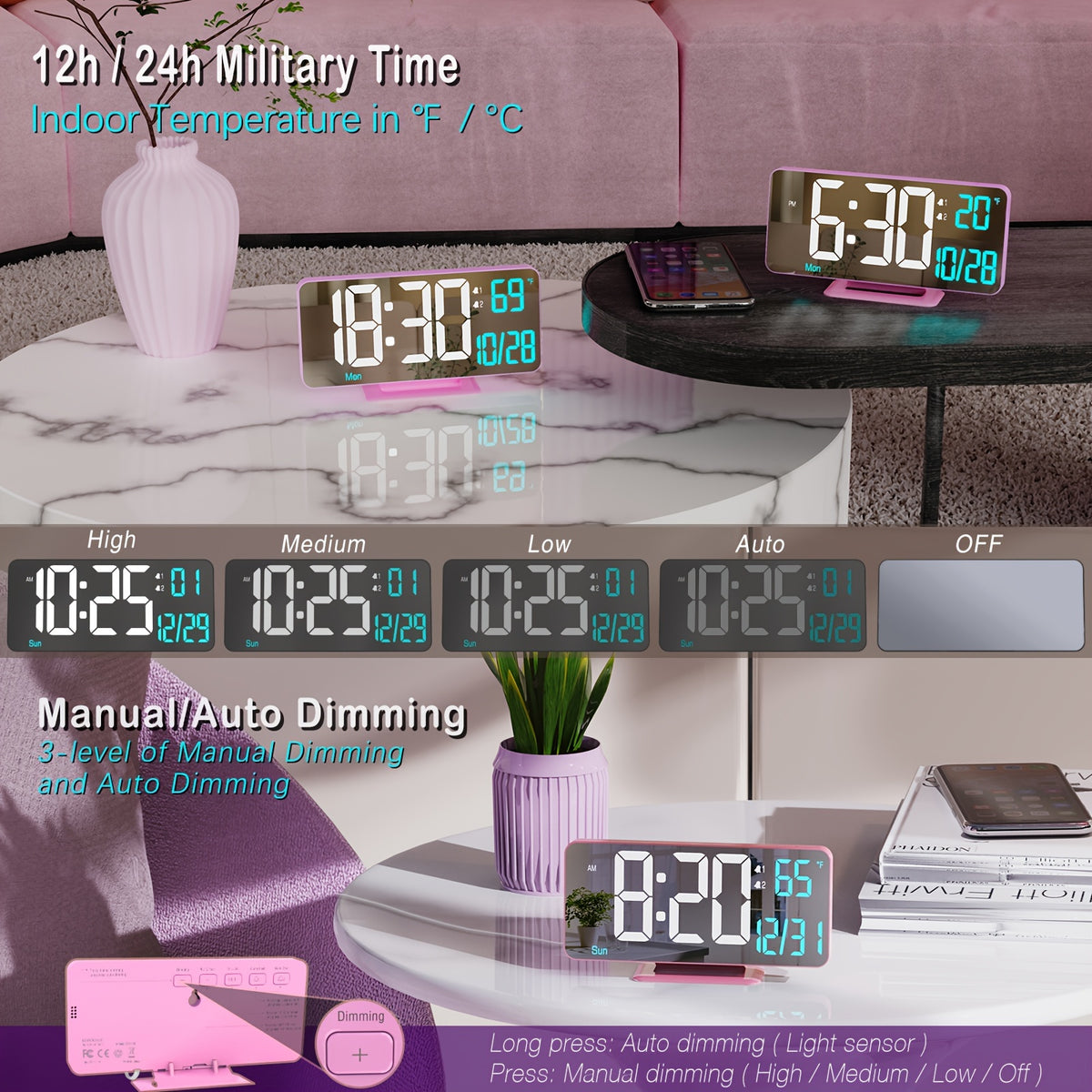 WHEAT Digital Alarm Clock for Bedroom - Corded Electric Desk Clock with LED Display, Date & Temperature, Dual Beep Alarm, Adjustable Brightness, USB Powered with 12/24H Format - Rectangle Plastic Frame