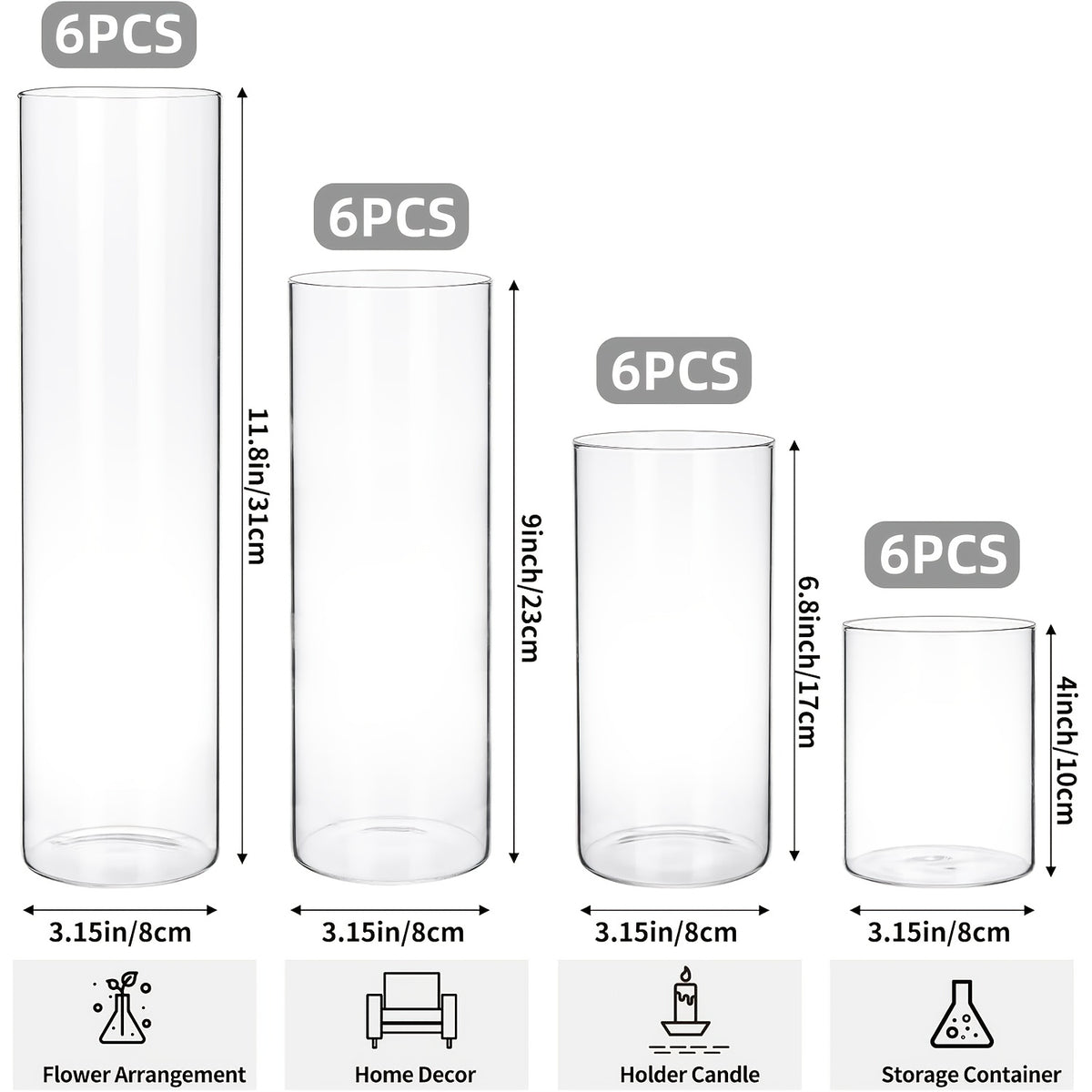 TOMNK 12/20/24pcs Clear Cylinder Glass Vases, Includes 4/5 Sizes, Tall Boho Style Decorative Clear Vases for Wedding Centerpieces, Rustic Home Decor, Formal Dinners Centerpieces, Party Events Floating Hurricane Candle Holder Vases