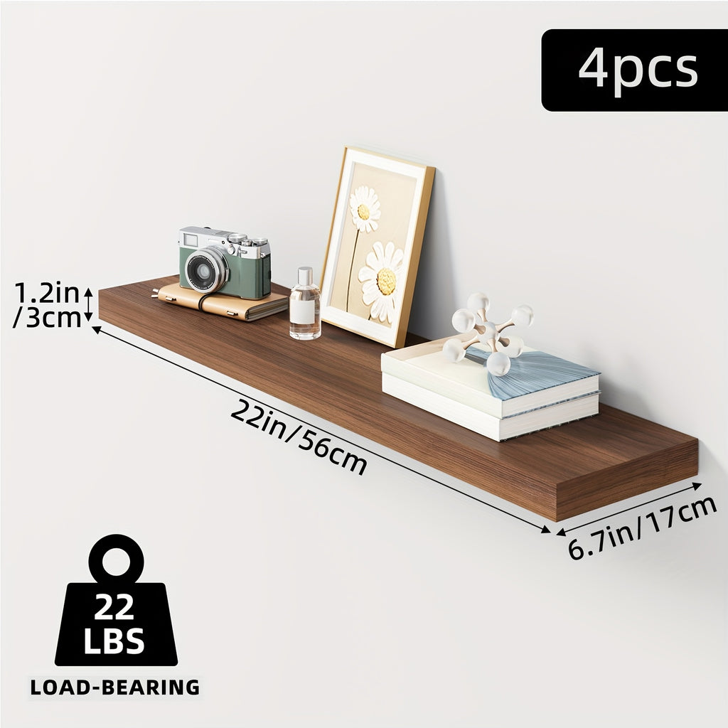 TOMNK Floating Shelves, 4pcs, 56cm/22in, Wall Shelves For Bathroom/Living Room/Bedroom/Kitchen Decor, Shelves With Invisible Brackets Set (Walnut/Light Brown/White/White Oak/Black)