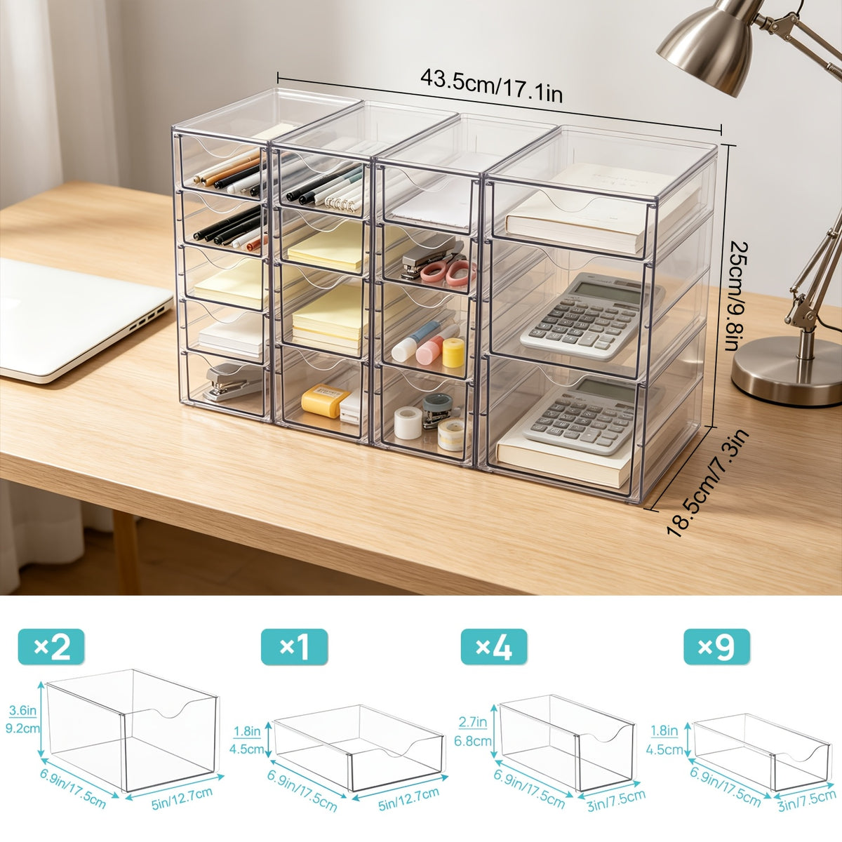 Acrylic Organizer with 8 Drawers (2 Set)/16 Drawers (4 Set), Clear Storage Drawers for Office Supplies, Desk Organization And Storage for Makeup, Jewelry, Art Crafts, Desk & Drawer Organizer for Home Storage
