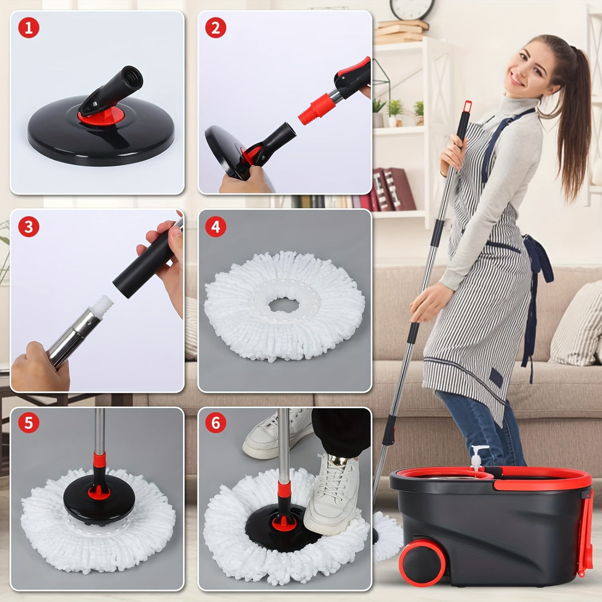 Mop Bucket Set, Spin Mop And Bucket And Wringer Set, Bathroom Mop Bucket, 360° Spin Mop Bucket System with 3 Microfiber Mop Replacement Heads And 61 Inch Adjustable Handle for Floor Cleaning, Holiday Cleaning, Christmas Cleaning