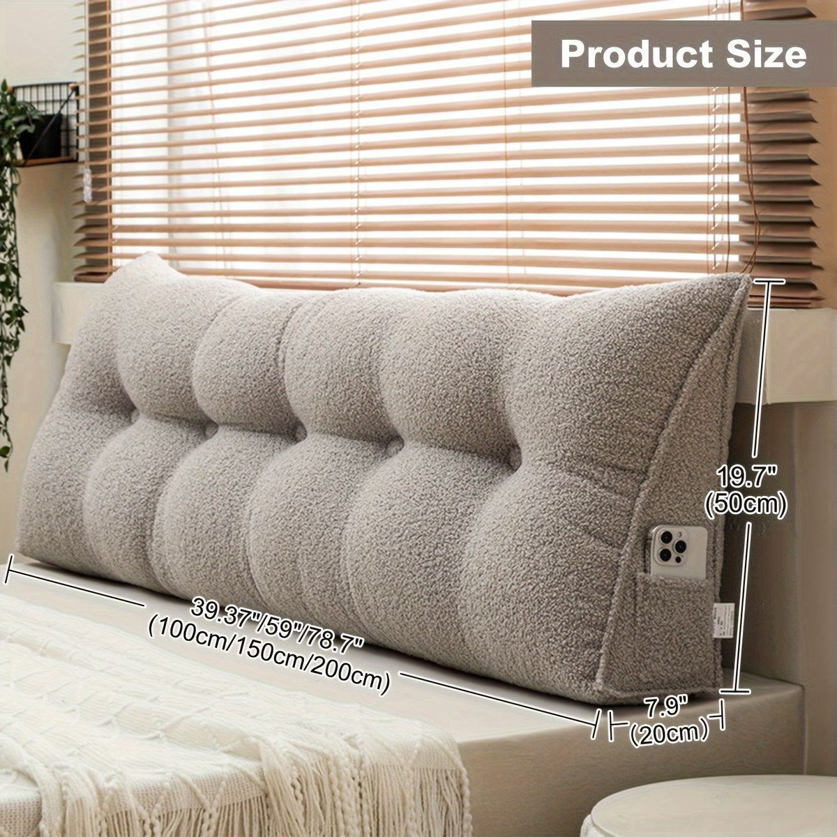 Headboard Reading Pillow, Triangular Teddy Velvet Backrest Cushion with Side Pocket and Removable Washable Cover for Twin, Queen and King Beds