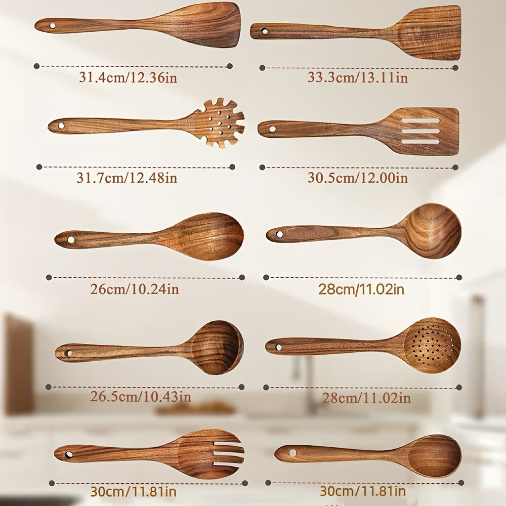 10pcs Non Stick Cookware Set, Wooden Kitchen Utensils, Heat-resistant, Including Shovel And Perforated Wooden Spoon. It Is A Stylish And Durable Wooden Multifunctional Set Suitable For Kitchen, Cooking, Baking, As Well As Casual And Formal.900g