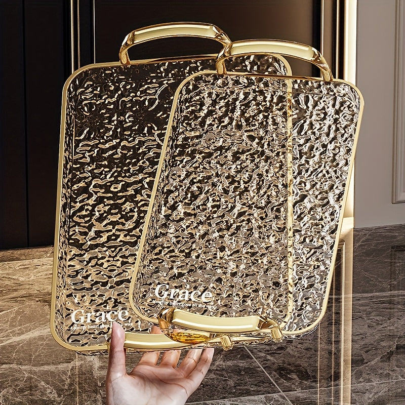 3pcs Transparent Elegant Golden-Rimmed Rectangular Trays Set, Large/Medium/Small PTE Transparent Serving Platters with Handles - Ideal for Fruits, Snacks, Pastries | Perfect for Parties & Festivals, Trays for Serving Food, Party & Festival Essenti