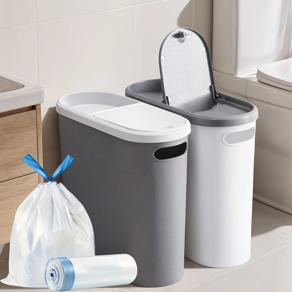 2/1pc Bathroom Trash Can, Compact And Durable Plastic Wastebasket With Built-in Handles, Easy To Clean, Rustproof, Space-Saving Design, Ideal For Small Spaces In Bathroom, Laundry, And Home Office