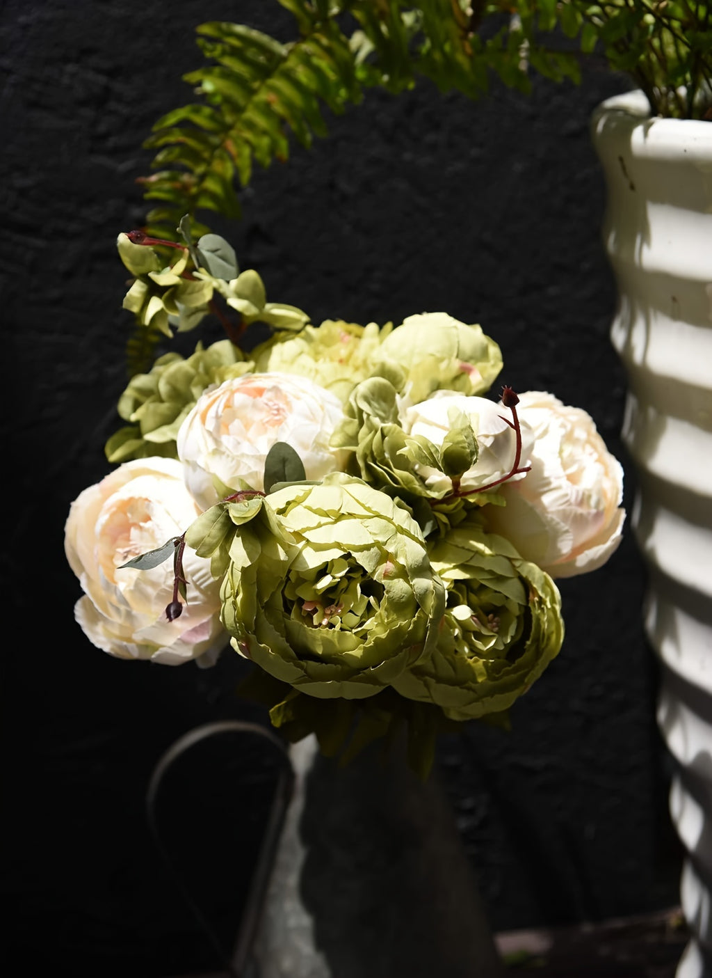 Artificial Peony and Hydrangea Flowers, Vintage Beige and Green Faux Floral Bouquet for Rustic Wedding Centerpieces, Bridal Styling and Home Vase Decor