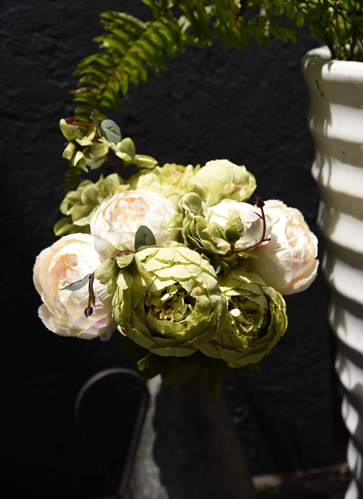 Artificial Peony and Hydrangea Flowers, Vintage Beige and Green Faux Floral Bouquet for Rustic Wedding Centerpieces, Bridal Styling and Home Vase Decor