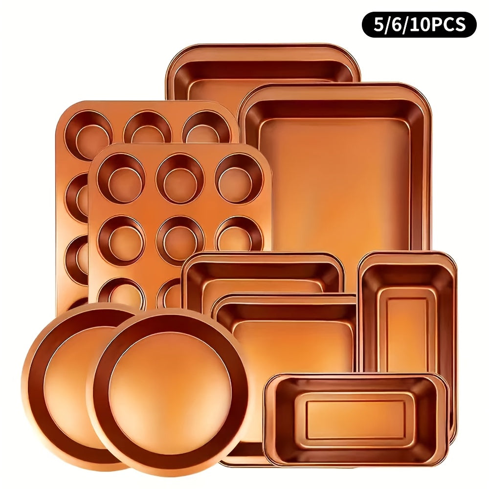 5/6/10pcs Non-Stick Bakeware Set, Baking Pan Set with Rack, Round Cake Pan, Square Cake Pan, Bread Pan, Muffin Pan, and Roasting Pan, Storage Rack, Bakeware Set, Dishwasher Safe, Easy to Clean, Oven Safe