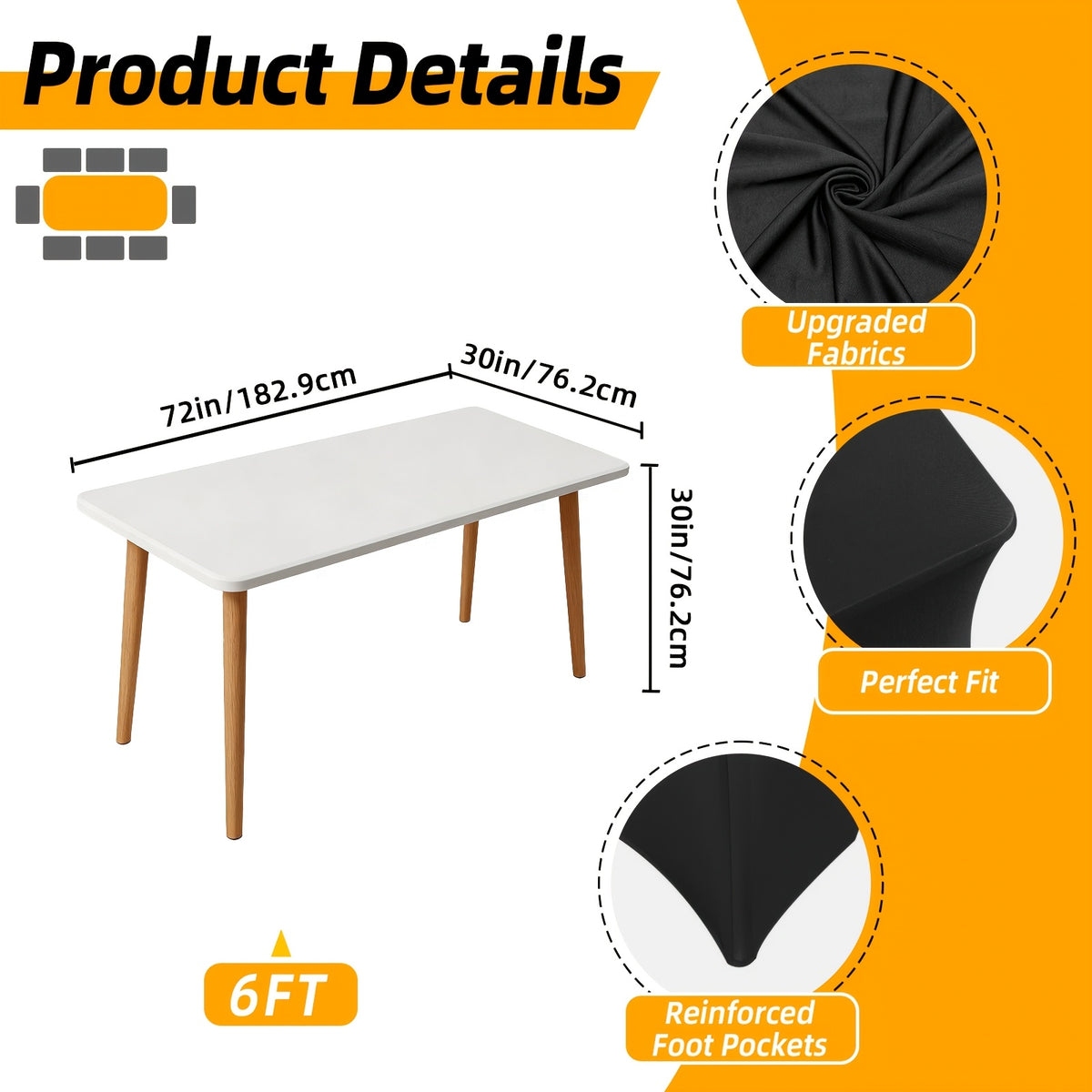 6 Pack 6ft Spandex Table Covers, Fitted Stretch Tablecloths for 6 Foot Rectangular Tables, Wrinkle Resistant Washable Outdoor Table Cloth for Wedding, Party, Banquet, Graduation, Event (Black/White)