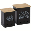 Potato and Onion Storage Bins with Wooden Lids, Ventilated Metal Kitchen Canisters in Black White Grey or Green for Pantry and Countertop Organization