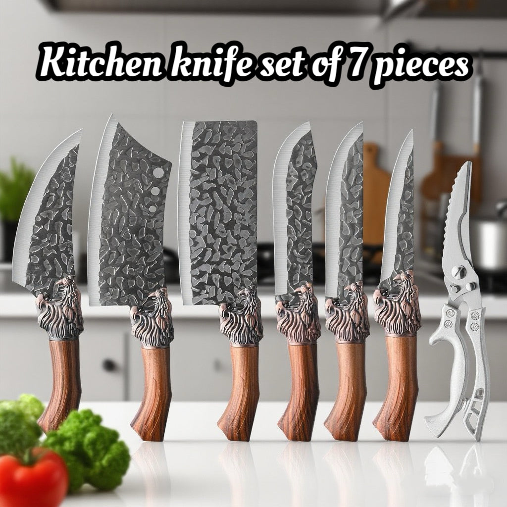 7pcs Chef Knife Set, Hand Forged Damascus Style Blade with Brown Wood Handle, V-shaped Sharp Blade, Suitable for Meat, Fish, Vegetables, Fruits, Professional Kitchen Knives, Suitable for Home Chefs And Chefs (ideal Gift) - Ergonomic Grip