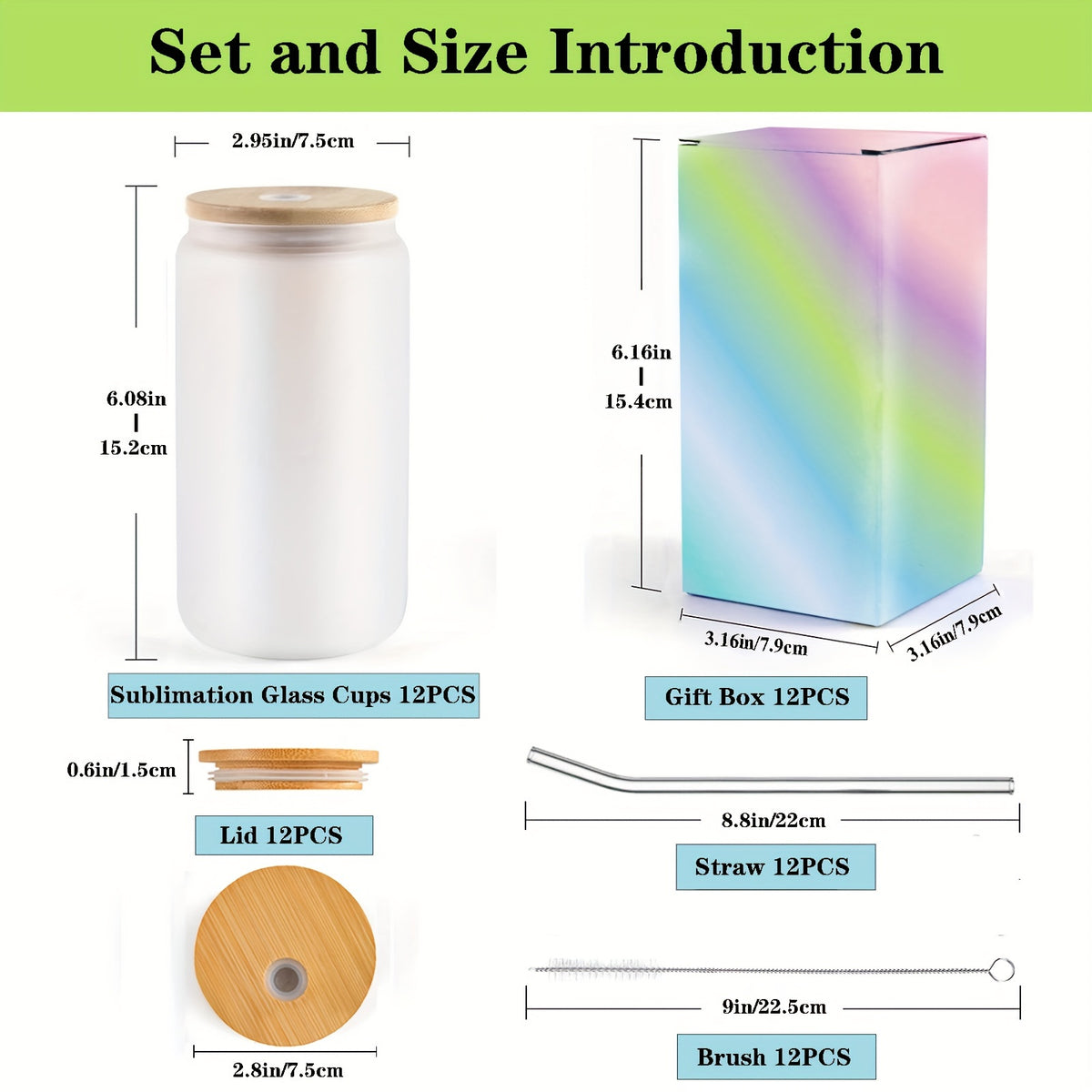 12Pack Sublimation Frosted/ Clear Glass Cups with Bamboo Lid 16oz Glasses Tumbler with Straw and Brush