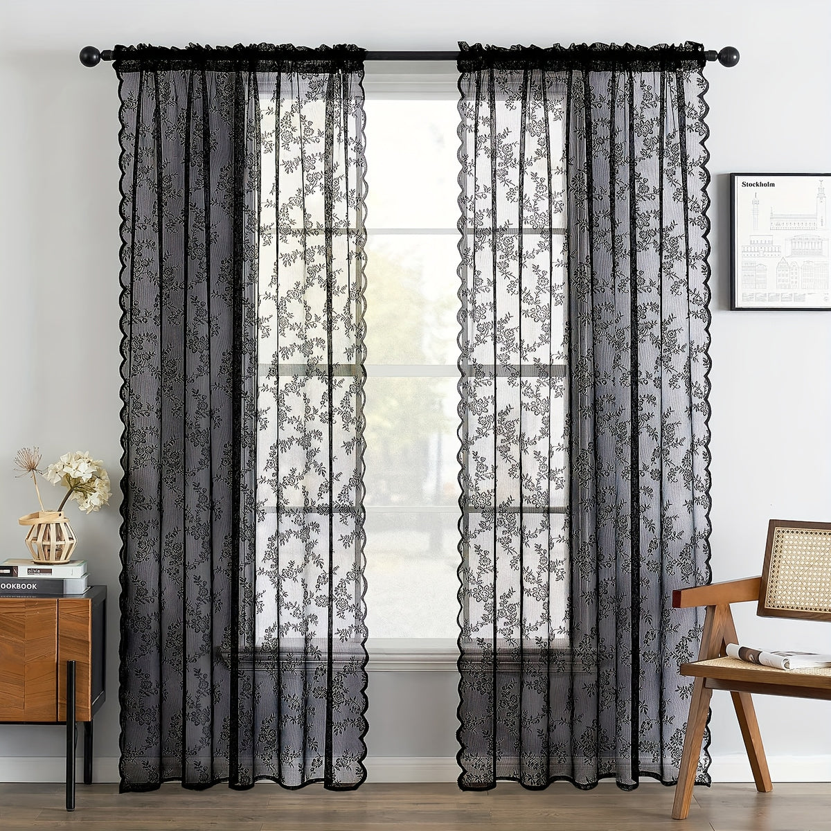 Romantic Pastoral Lace Sheer Curtain for Balcony and Office, Translucent Window Drapery with Floral Pattern, Machine Washable Polyester, Rod Pocket Design - 1pc