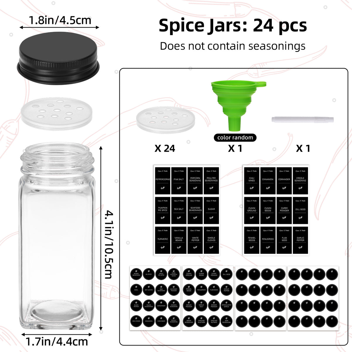 whonline 16pcs/24pcs/36pcs/48pcs Spice Jars, 4oz Glass Spice Jars with Labels - Shaker Lids, Collapsible Funnel, Brush and Marker, Seasoning Bottles for Spice Rack Drawer Cabinet