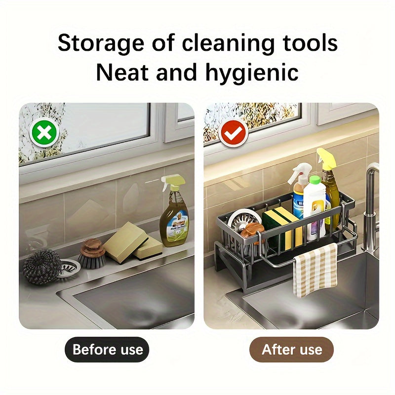 Kitchen Sink Caddy with Drainage, Kitchen Sink Organizer with Removable Brush Holder, Sink Caddy with Drainage for Dishwashing Brush, Sponge, Soap And Scrubbing Additions, Basket, Trash Can And Container