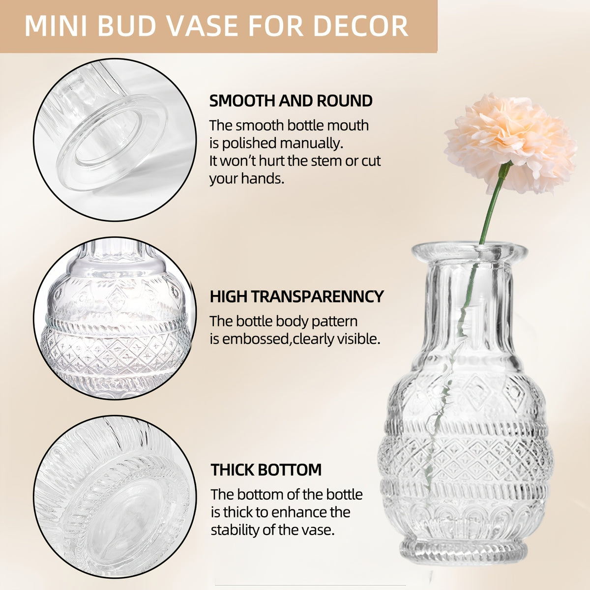 WHONLINE 45/64 Glass Bud Vase, Small Vases for Flowers, Clear Bud Vases for Centerpieces, Festival Decoration for Rustic Wedding Decorations Vintage Look Home Table Decor, Multiple Sizes