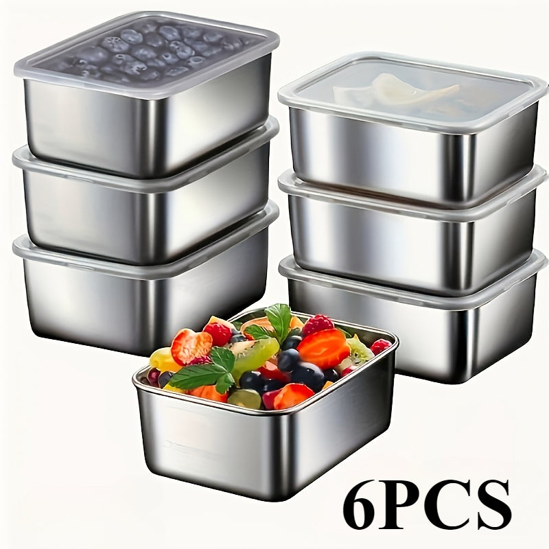 6pcs Stainless Steel Food Storage Containers with Lids - Leak-Proof, Stackable, BPA-Free Kitchen Organizer for Refrigerator, Office, School, Camping, Picnic - Dishwasher Safe, Reusable Square Metal Containers for Bread & More